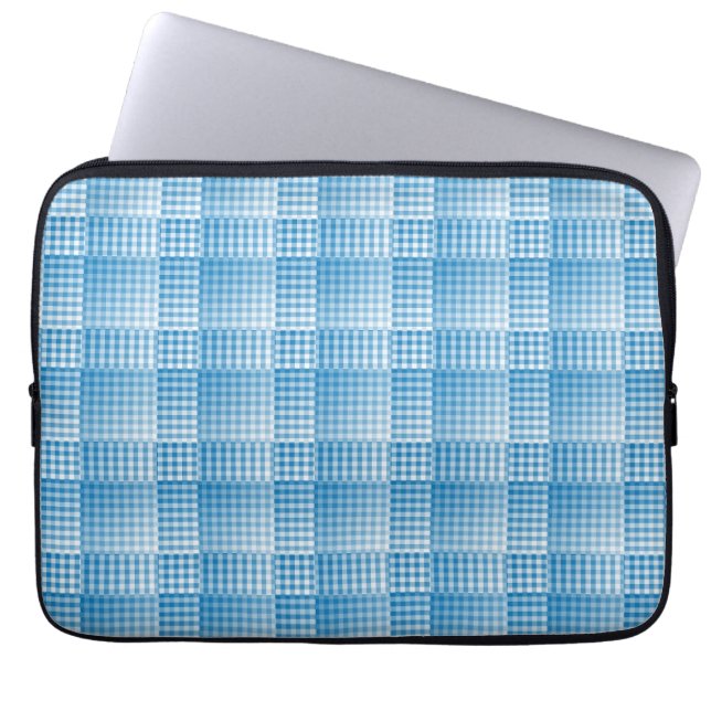 Blauw Wit Geruit Abstract Patroon Laptop Sleeve (Voorkant)