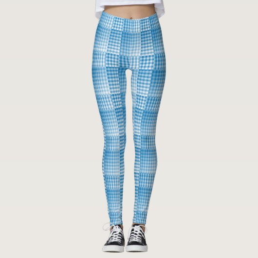 Blauw Wit Geruit Abstract Patroon Leggings (Voorkant)