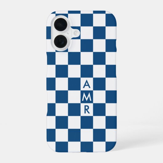 Blauw wit geruit patroon met monogram iPhone 16 hoesje (Achterkant)