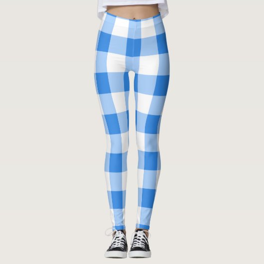 Blauw & Wit Geruitruit Patroon Leggings (Voorkant)