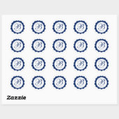 Blauw-wit geschulpte cirkel monogram ronde sticker (Vel)