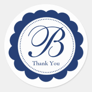 Blauw-wit geschulpte cirkel monogram ronde sticker