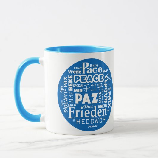 Blauw/wit gestileerde mok rust in meerdere talen (Links)