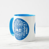 Blauw/wit gestileerde mok rust in meerdere talen (Voorkant links)