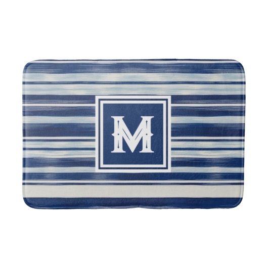 Blauw-wit gestreept monogram badmat (Voorkant)