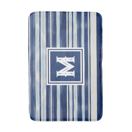 Blauw-wit gestreept monogram badmat (Voorkant Verticaal)