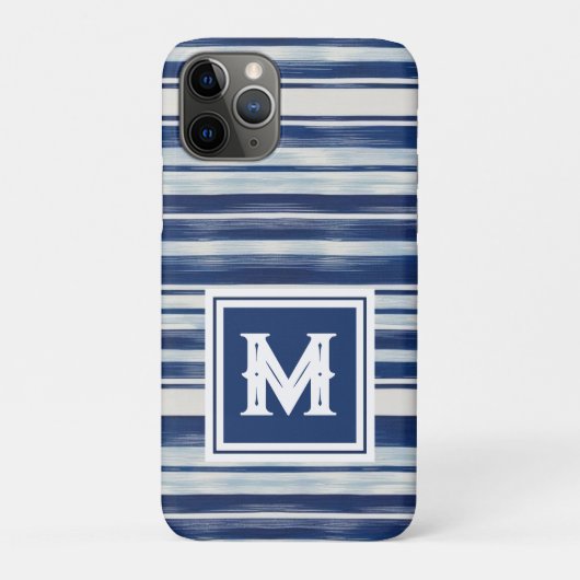 Blauw-wit gestreept monogram Case-Mate iPhone case (Achterkant)