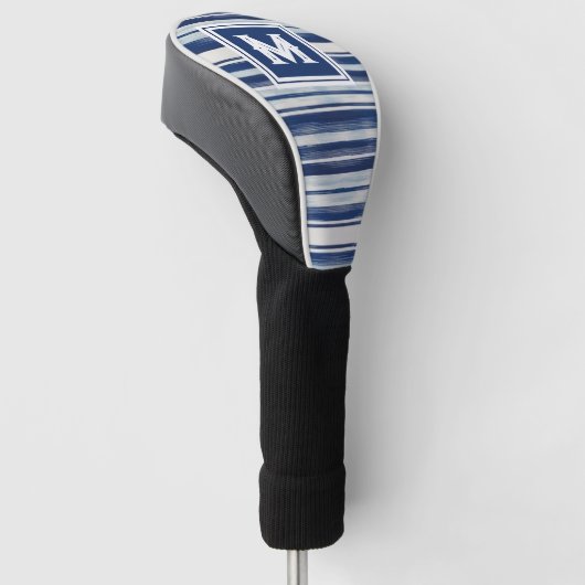 Blauw-wit gestreept monogram golfheadcover (Schuin)