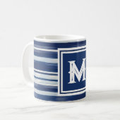 Blauw-wit gestreept monogram koffiemok (Voorkant links)