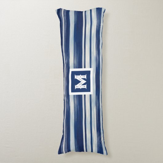 Blauw-wit gestreept monogram lichaamskussen (Voorkant Verticaal)