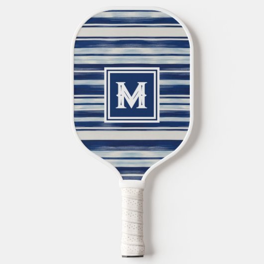 Blauw-wit gestreept monogram pickleball paddle (Voorkant)
