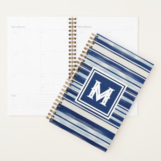 Blauw-wit gestreept monogram planner (Display)