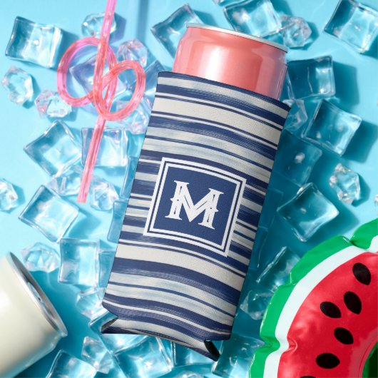 Blauw-wit gestreept monogram seltzer blikjeskoeler (Insitu Zomer)