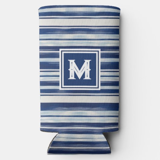 Blauw-wit gestreept monogram seltzer blikjeskoeler (Achterkant)