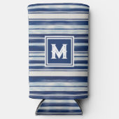 Blauw-wit gestreept monogram seltzer blikjeskoeler (Voorkant)
