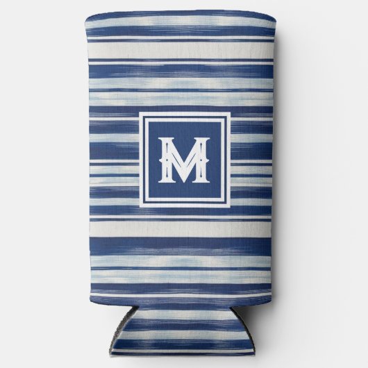 Blauw-wit gestreept monogram seltzer blikjeskoeler (Voorkant)