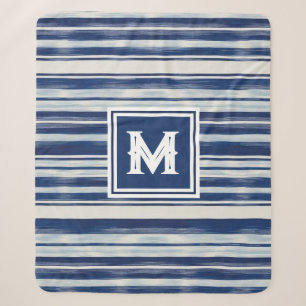 Blauw-wit gestreept monogram sherpa deken