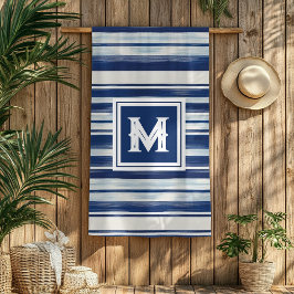Blauw-wit gestreept monogram strandlaken