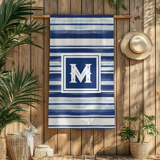Blauw-wit gestreept monogram strandlaken