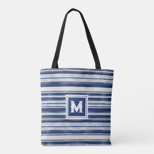 Blauw-wit gestreept monogram tote bag (Achterkant)