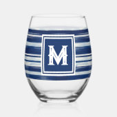 Blauw-wit gestreept monogram wijnglas zonder voet (Voorkant)