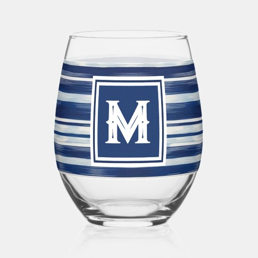 Blauw-wit gestreept monogram wijnglas zonder voet (Voorkant)