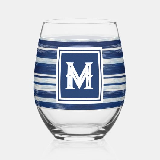 Blauw-wit gestreept monogram wijnglas zonder voet (Achterkant)