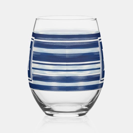 Blauw-wit gestreept monogram wijnglas zonder voet (Rechts)