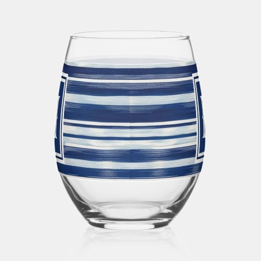 Blauw-wit gestreept monogram wijnglas zonder voet (Links)
