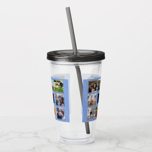 Blauw-wit gestreepte bruiloft fotocollage acryl drinkbeker (Links)
