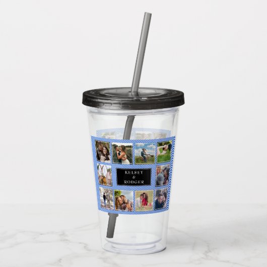 Blauw-wit gestreepte bruiloft fotocollage acryl drinkbeker (Achterkant)