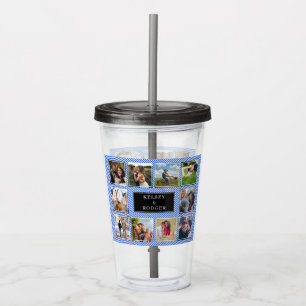 Blauw-wit gestreepte bruiloft fotocollage acryl drinkbeker