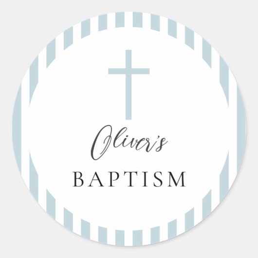 Blauw Wit Gestreepte Jongensdoop Ronde Sticker (Voorkant)