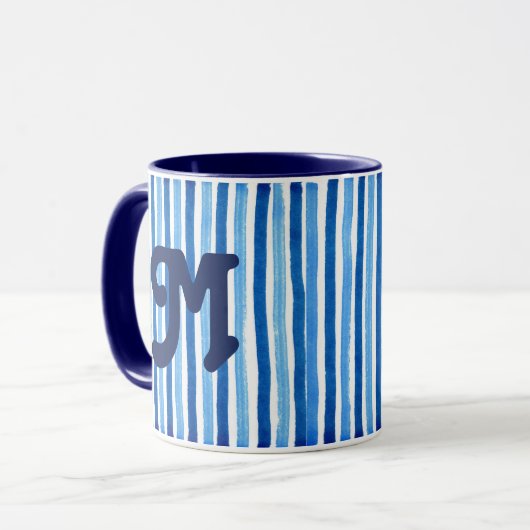 Blauw-wit gestreepte monogram mok (Voorkant links)