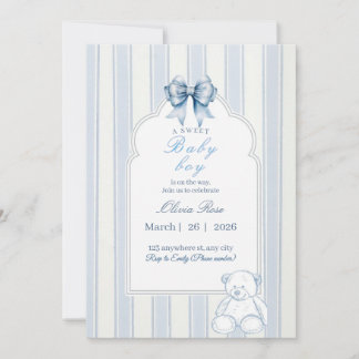 Blauw wit gestreepte retro teddybeer babyshower kaart