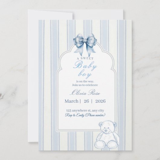 Blauw wit gestreepte retro teddybeer babyshower kaart (Voorkant)