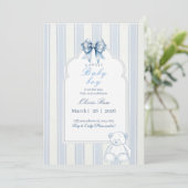 Blauw wit gestreepte retro teddybeer babyshower kaart (Staand voorkant)