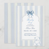 Blauw wit gestreepte retro teddybeer babyshower kaart (Voorkant / Achterkant)