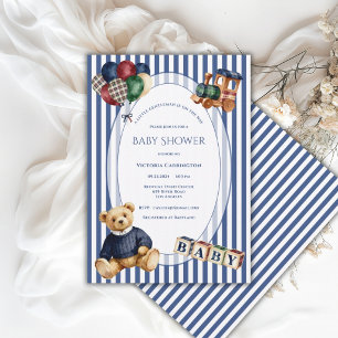 Blauw & Wit Gestreepte Teddibeer Vintage Speelgoed Kaart