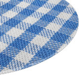 Blauw-wit gevoerde eetkleren. snijplank (Hoek)