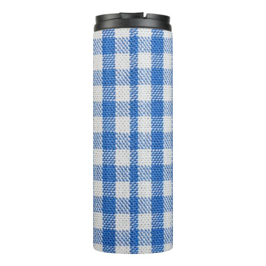 Blauw-wit gevoerde eetkleren. thermosbeker (Achterkant)