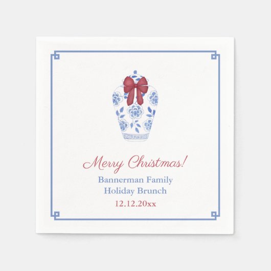 Blauw Wit Ginger Jar Rood Lint Vakantie Party Servet (Voorkant)