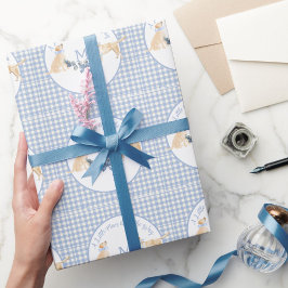 Blauw-wit Gingham Baby shower Cadeaupapier