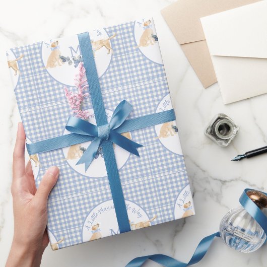 Blauw-wit Gingham Baby shower Cadeaupapier
