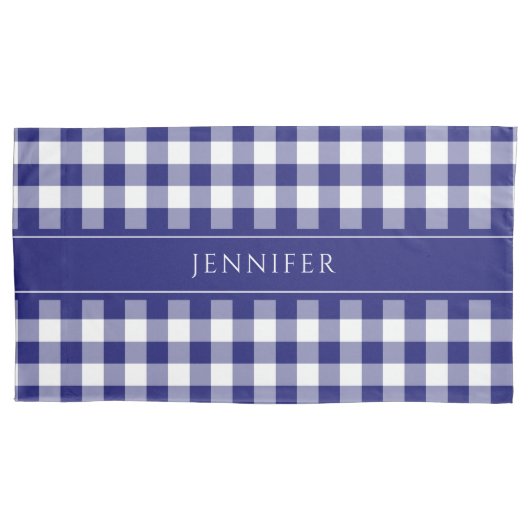 Blauw & Wit Gingham Boerderij Patroon Naam Kussen Kussensloop (Voorkant)
