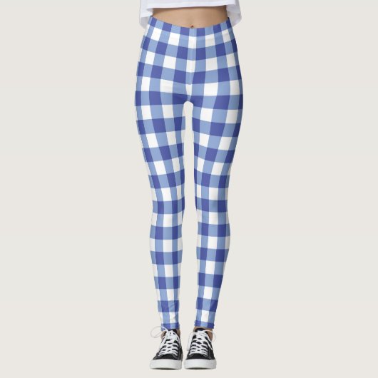 Blauw & Wit Gingham Checker Controles Geplaatst Leggings (Voorkant)