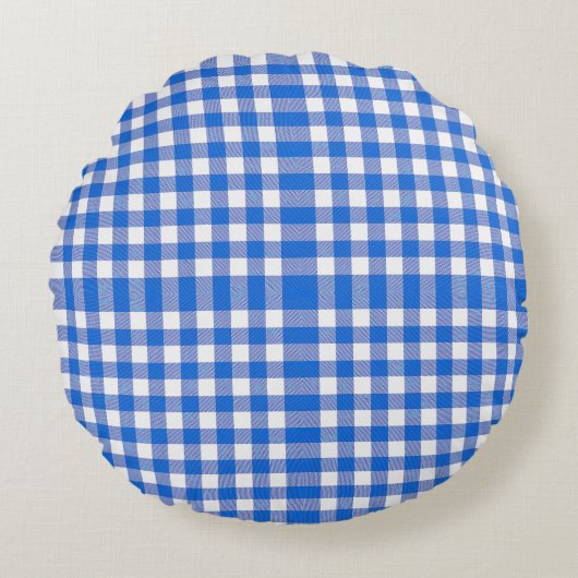 Blauw Wit Gingham Ontwerp Rond Kussen (Voorkant)