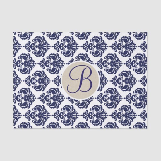 Blauw & Wit Glam Damask Monogram Letter Initiaal Tissuepapier (Voorkant)