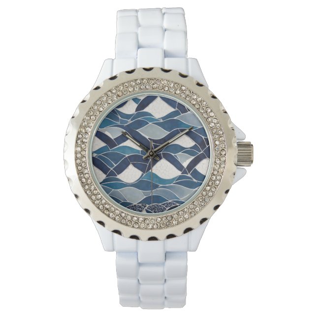 Blauw wit golfpatroon 01 horloge (Voorkant)