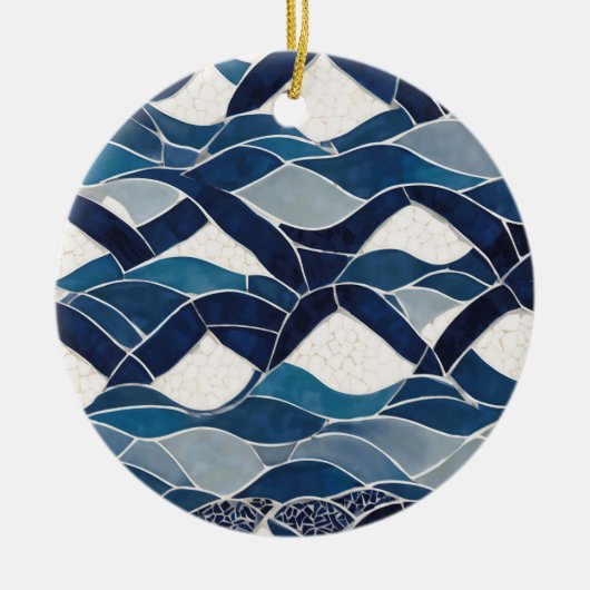 Blauw wit golfpatroon 01 keramisch ornament (Voorkant)